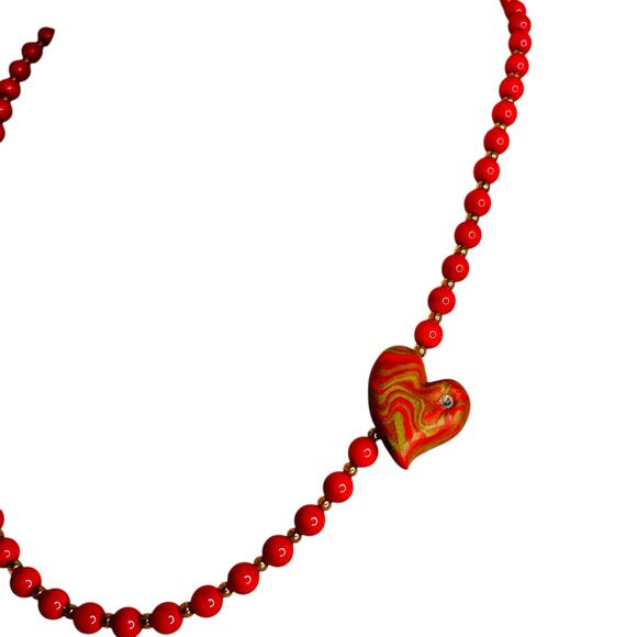 Red Beaded Polymer Clay Rhinestone Accent Side Placed Heart Pendant Necklace - Picture 3 of 3